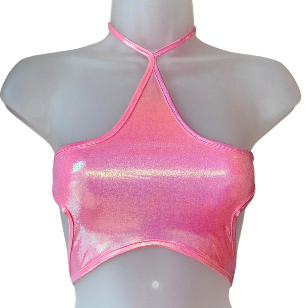 New Small Pink‎ Holographic Star Halter Crop Top Backless Rave Festival Laser